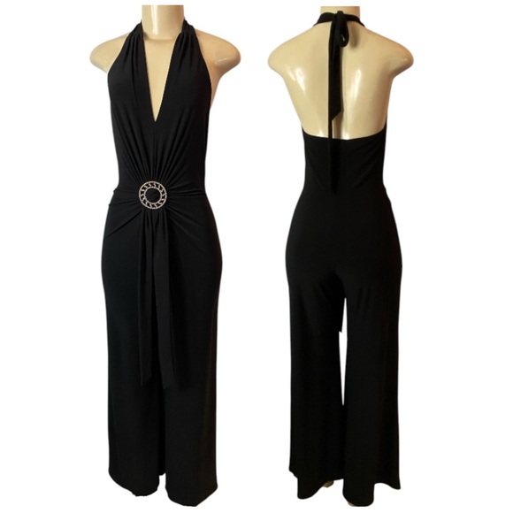 Cache Pants - VTG 90’s Cache Halter Neck Black Jumpsuit Ruched Stretch Rhinestone Detail Small
